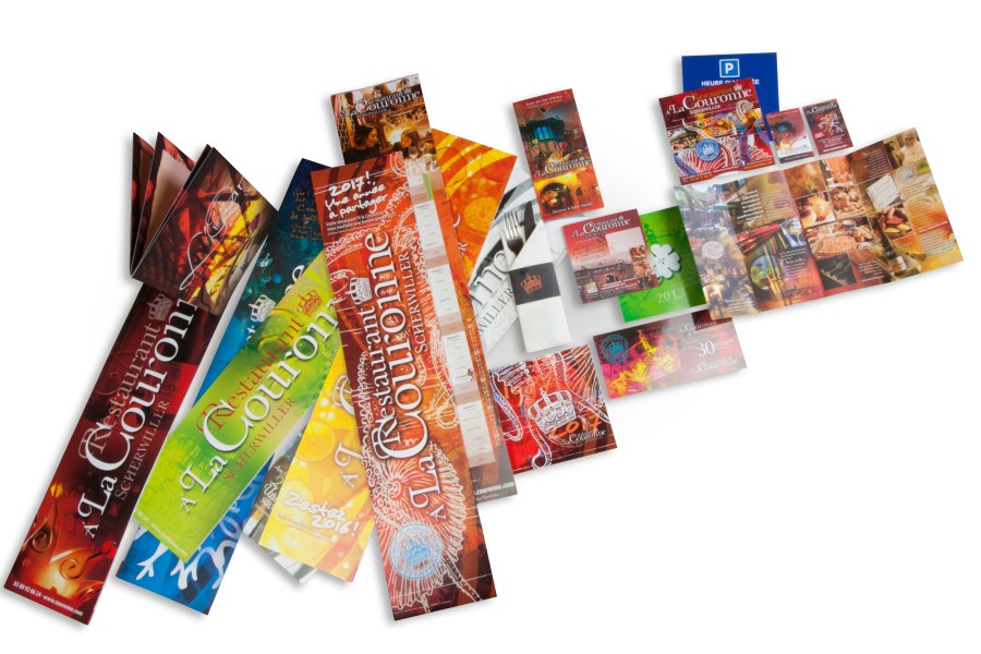 Création et composition d'éléments de communications pour le Restaurant À la Couronne de Scherwiller par l'Agence Cré Home.