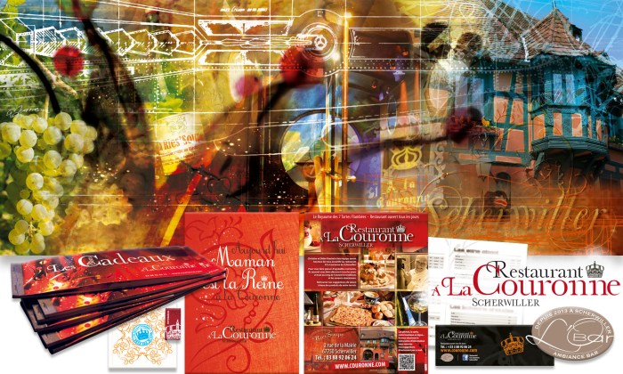 Création et composition d'éléments de communications pour le Restaurant À la Couronne de Scherwiller par l'Agence Cré Home.