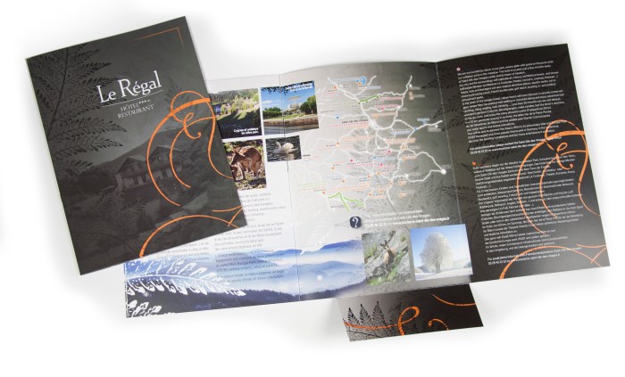 Création et mise en page d'un livret d'accueil pour l'Hôtel Restaurant Le Régal par l'Agence Cré Home.