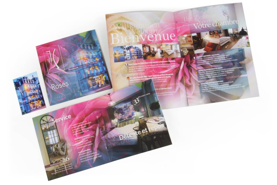 Création et composition d'éléments de communications pour l'Hôtel Roses à Strasbourg par l'Agence Cré Home.